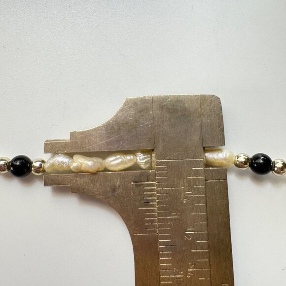 Biwa Pearl Cabochon Black Onyx Beaded Bracelet Spring Ring Clasp 7.25" Length - Picture 10 of 11